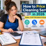 Cleaning business owner calculating service prices using labor costs, supplies, and a pricing worksheet.