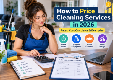 Cleaning business owner calculating service prices using labor costs, supplies, and a pricing worksheet.