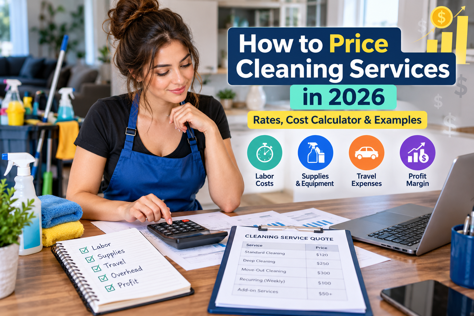 Cleaning business owner calculating service prices using labor costs, supplies, and a pricing worksheet.