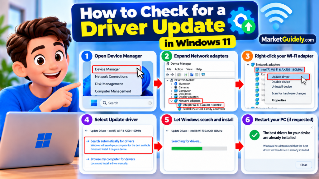 How to check for a Wi-Fi driver update in Windows 11 using Device Manager.