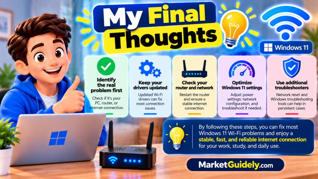 Image Title: Alt Text: Final tips for fixing Wi-Fi problems in Windows 11.
Caption: Follow these tips for a more stable Wi-Fi connection.
Description: MarketGuidely.com guide to Windows 11 Wi-Fi troubleshooting, driver updates, and network fixes.