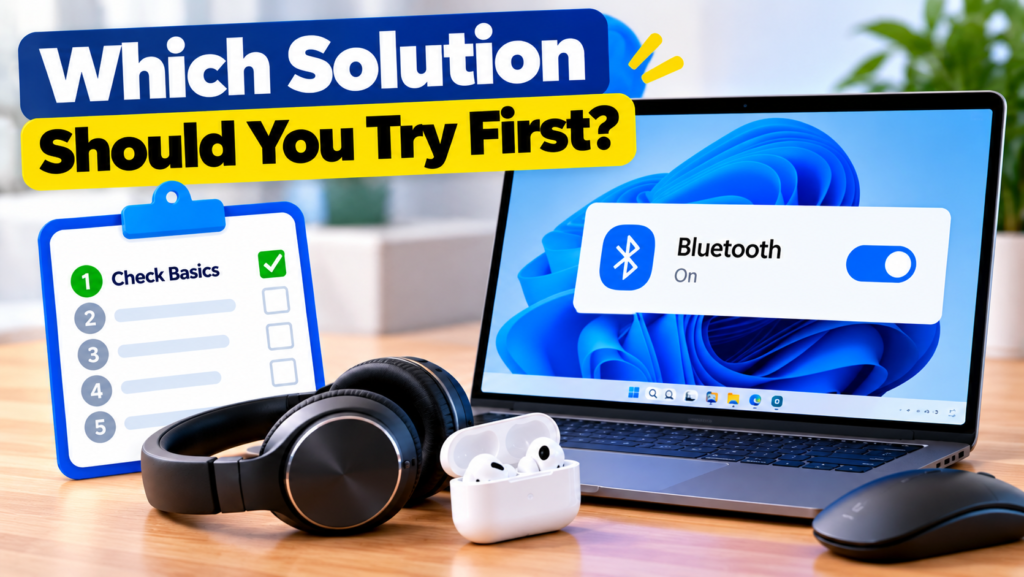 Windows 11 Bluetooth troubleshooting checklist showing the first steps to fix Bluetooth connection problems.