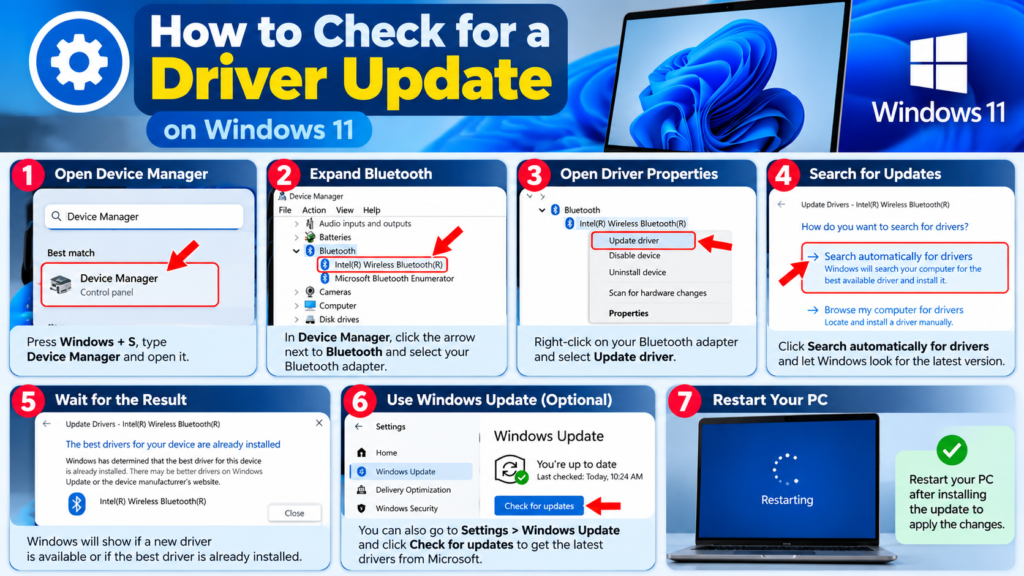 Step-by-step guide to checking and updating a Bluetooth driver in Windows 11 using Device Manager and Windows Update.