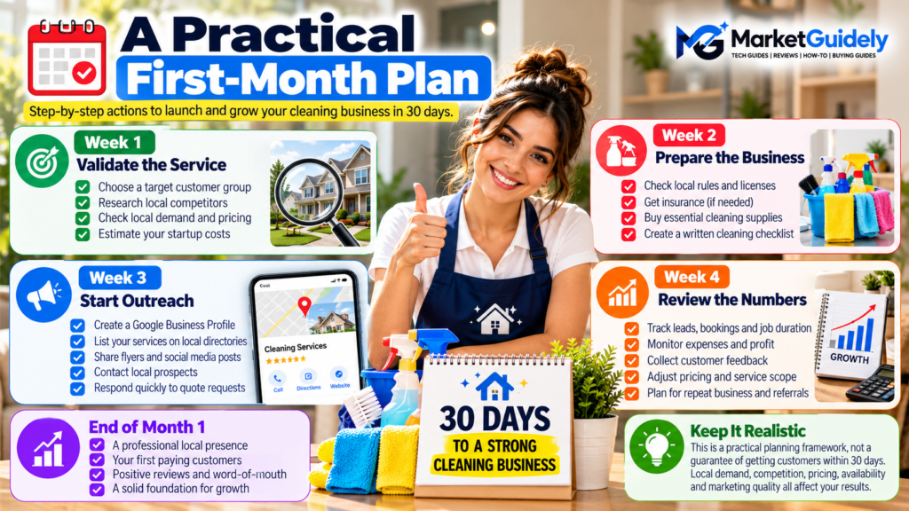 Four-week plan for starting a cleaning business, from market research and preparation to customer outreach and reviewing results.