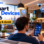 AI smart home devices in a modern living room, including smart lighting, a security camera, thermostat, and voice assistant controlled by smartphone.
