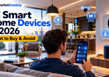 AI smart home devices in a modern living room, including smart lighting, a security camera, thermostat, and voice assistant controlled by smartphone.