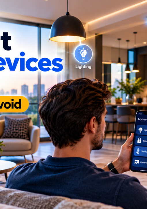AI smart home devices in a modern living room, including smart lighting, a security camera, thermostat, and voice assistant controlled by smartphone.