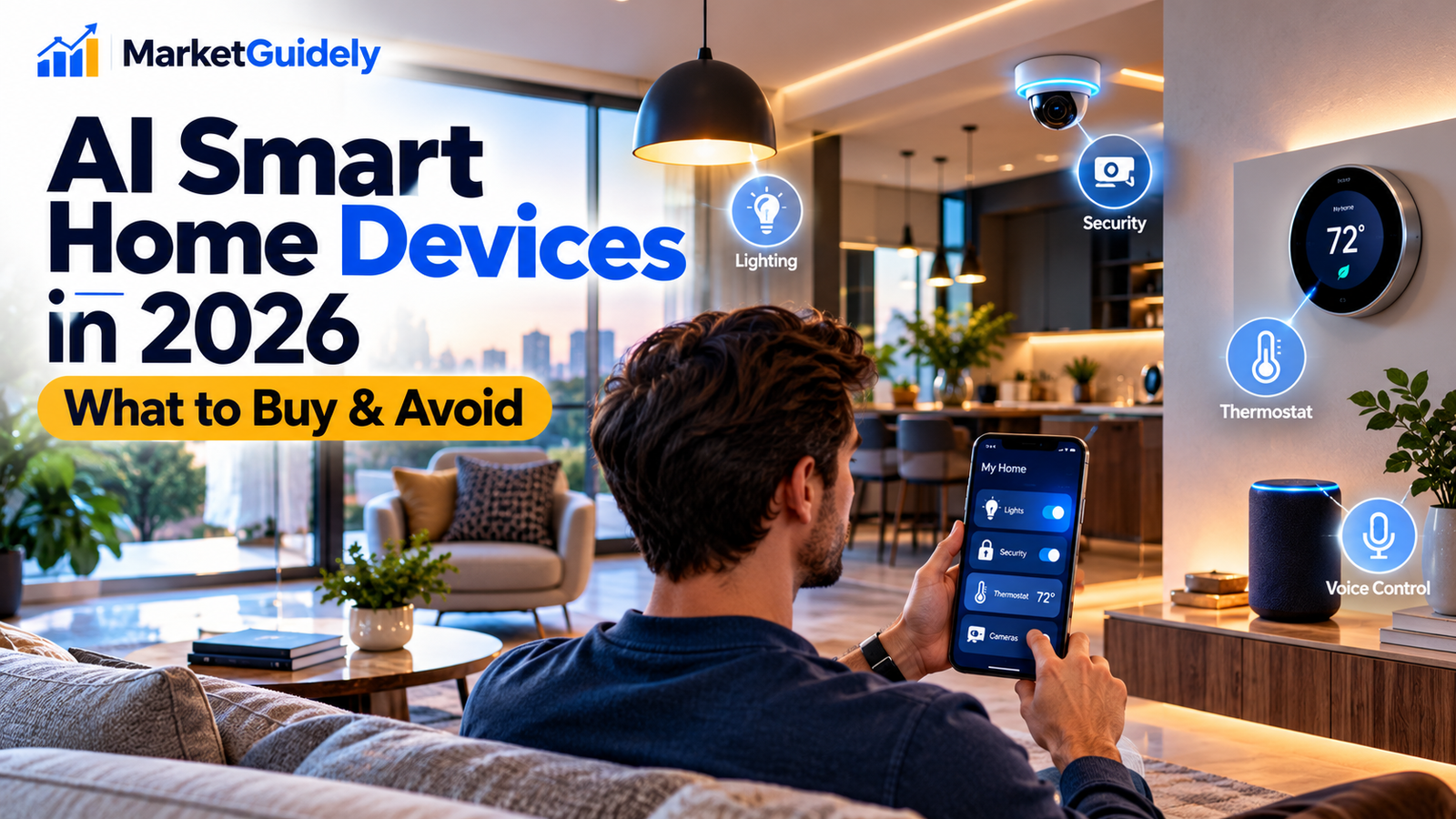 AI smart home devices in a modern living room, including smart lighting, a security camera, thermostat, and voice assistant controlled by smartphone.