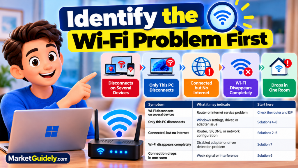 Identify the Wi-Fi problem in Windows 11 by checking device disconnections, internet access, and wireless signal issues.