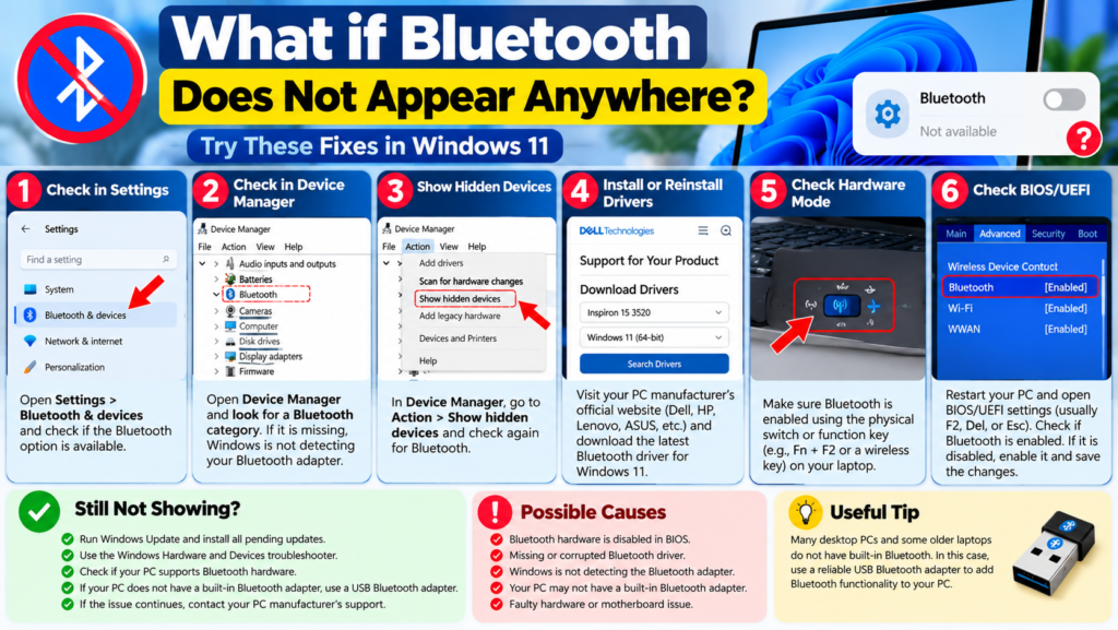 Windows 11 Bluetooth missing troubleshooting infographic showing Device Manager, hidden devices, driver installation, hardware settings, and BIOS checks.