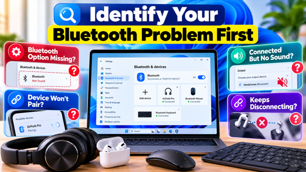 Identify common Windows 11 Bluetooth problems, including missing Bluetooth settings, pairing failures, no sound, and frequent disconnections.